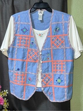 Vintage Stephanie K Koret Embroidered Blue Patchwork Vest 80s/90s Mom Cottage